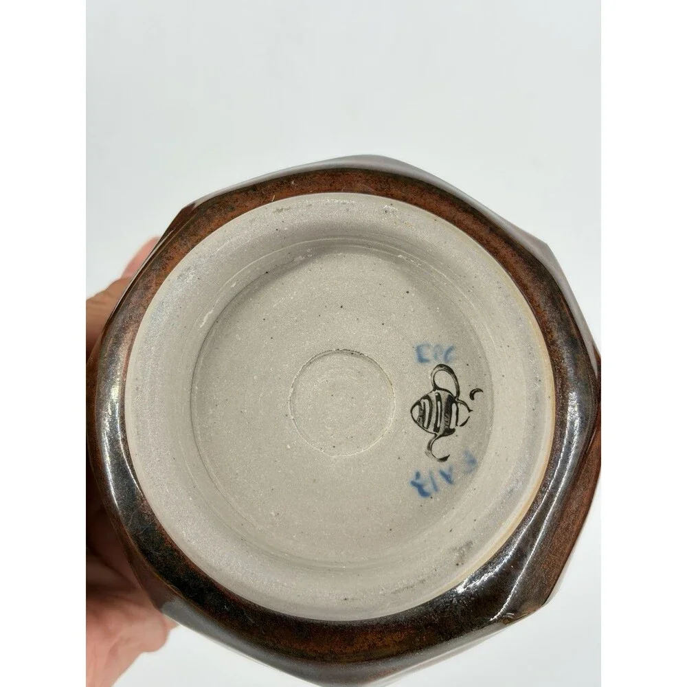 Studio Art Pottery Faceted Chawan Tea Bowl Copper glaze Bumblebee Signed